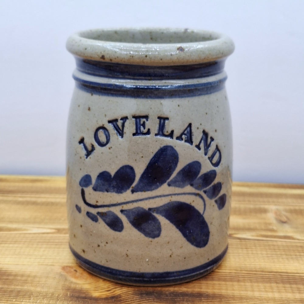 LoveLand Salt Glaze Vase Gray Blue Pottery Hand Made Signed 5.5" X 4"